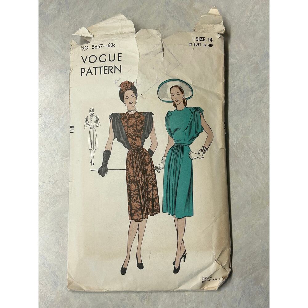 Vintage 40's Vogue Pattern #5657 One Piece Dress Size 14 HTF